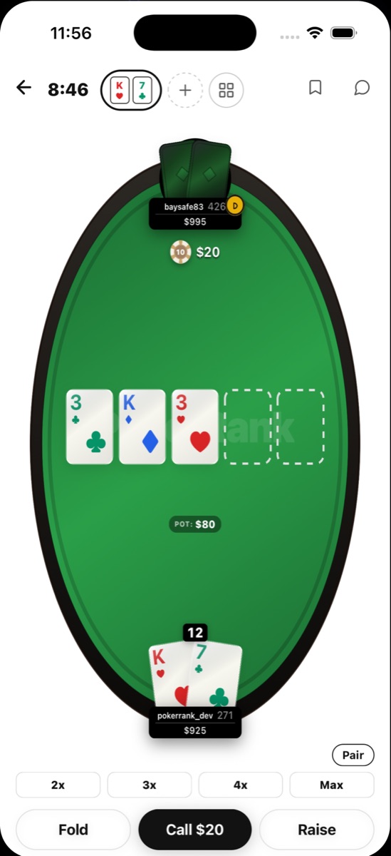 A ranked heads-up hand on the PokerRank table
